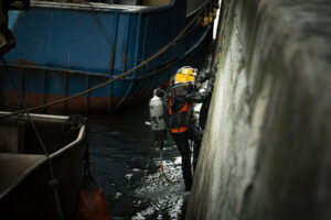 Diver climbing into the water